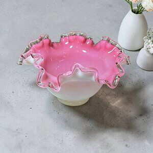 VTG Fenton Glass Crimped Ruffle Rose Pink & White Crest Bowl Vase 3.75" Tall